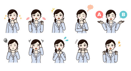 Woman business suit various emotion set