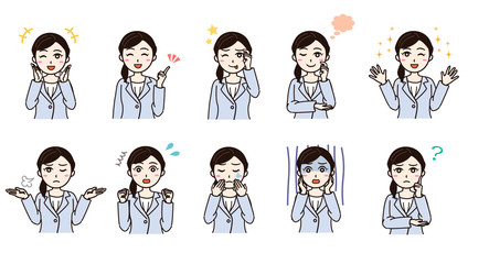 Woman business suit various emotion set