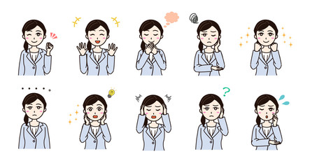 Woman business suit various emotion set