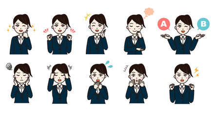 Woman business suit various emotion set