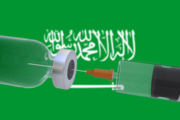 3D Illustration vaccine container bottle accompanied by a syringe with Saudi Arabia flag covid19 covid-19 coronavirus.