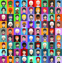 Set of people icons in flat style with faces. Vector women, men