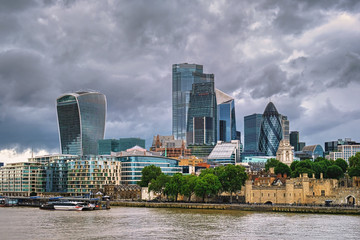 London Skyline on a cloudy day across the river Thames