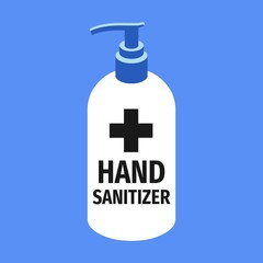 Hand sanitizer bottle. Disease prevention. Antiseptic alcohol gel. Healthcare wash hands. Antibacterial, antivirus. Vector flat illustration.
