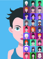 Set of people icons in flat style with faces. Vector women, men