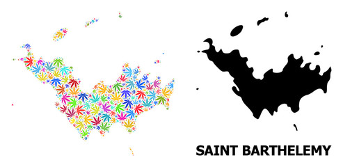 Vector Collage Map of Saint Barthelemy of Bright Hemp Leaves and Solid Map
