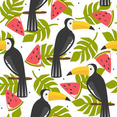 Seamless pattern, birds, palm leaves, fruits, hand drawn overlapping backdrop. Colorful background vector. Cute illustration, toucans. Decorative wallpaper, good for printing