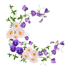 Floral wreath with spring flowers. Vector vintage botanical illustration. Pansies,chamomile and sweet pea.