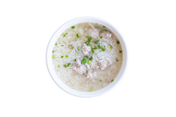 Delicious porridge on Rice bowl. food thai style. Pork rice porridge isolated on white background.