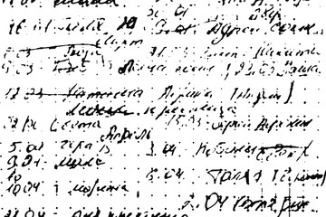 Grunge texture of an unreadable inked draft. Monochrome background sloppy illegible hand-written notes from the deletions and corrections. Overlay template. Vector illustration