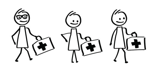 Dockter, nurses Kids playing running, jumping Happy smile stickman emoji icons Funny comic walk stick figures man, woman Vector emotions sign drawing Talking cartoon person Jump, run, walking and play