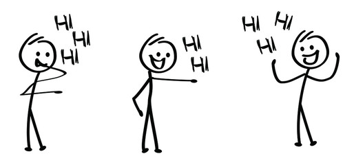 Says hello, hi. Kids playing running, jumping Happy smile stickman emoji icons Funny comic walk stick figures man, woman Vector emotions sign drawing Talking cartoon person jump, walking and play