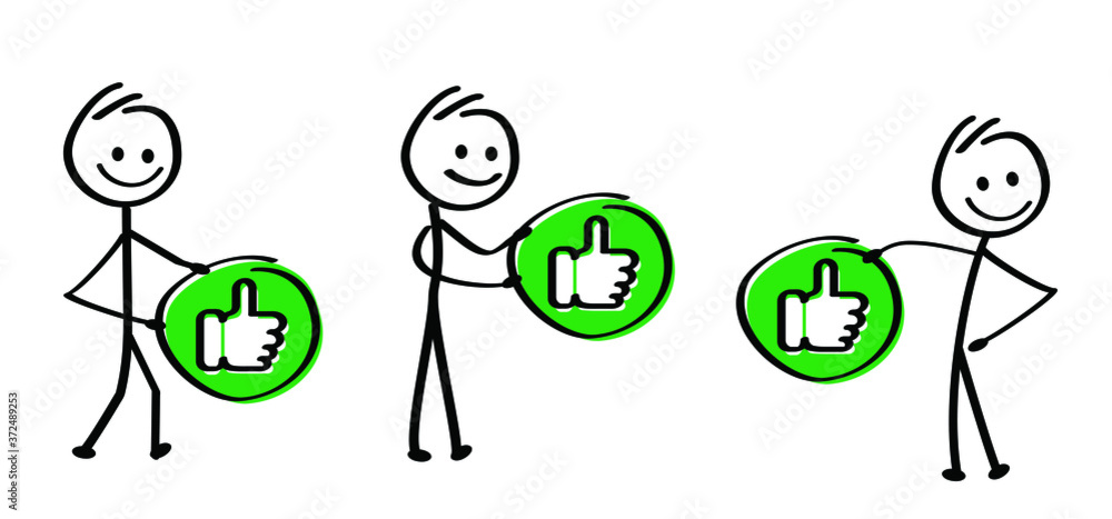 Wall mural humbs up, thumbs down, do, don't, like, dislike, unlike. happy stickman emoji icons funny comic walk