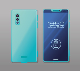 front and side view, realistic smartphone mockup with padlock security vector illustration design
