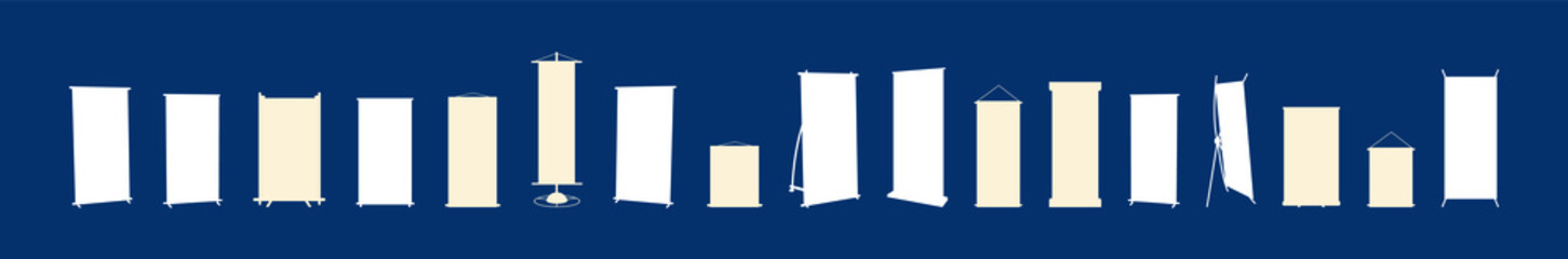 set of blank roll-up banner display cartoon icon design template with various models. vector illustration