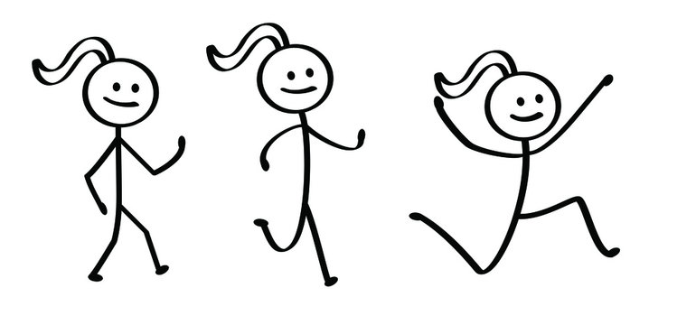 Kids playing running, jumping Happy smile stickman emoji icons Funny comic walk stick figures man, woman Vector emotions sign drawing Talking cartoon person jump, walking and play