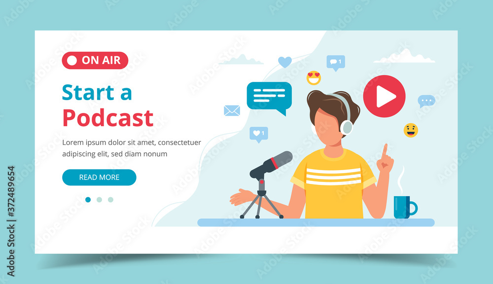 Canvas Prints podcaster talking to microphone recording podcast in studio. landing page template. illustration in 