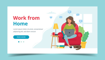 Home office concept, woman working from home sitting on a chair, student or freelancer. Landing page template. Cute illustration in flat style