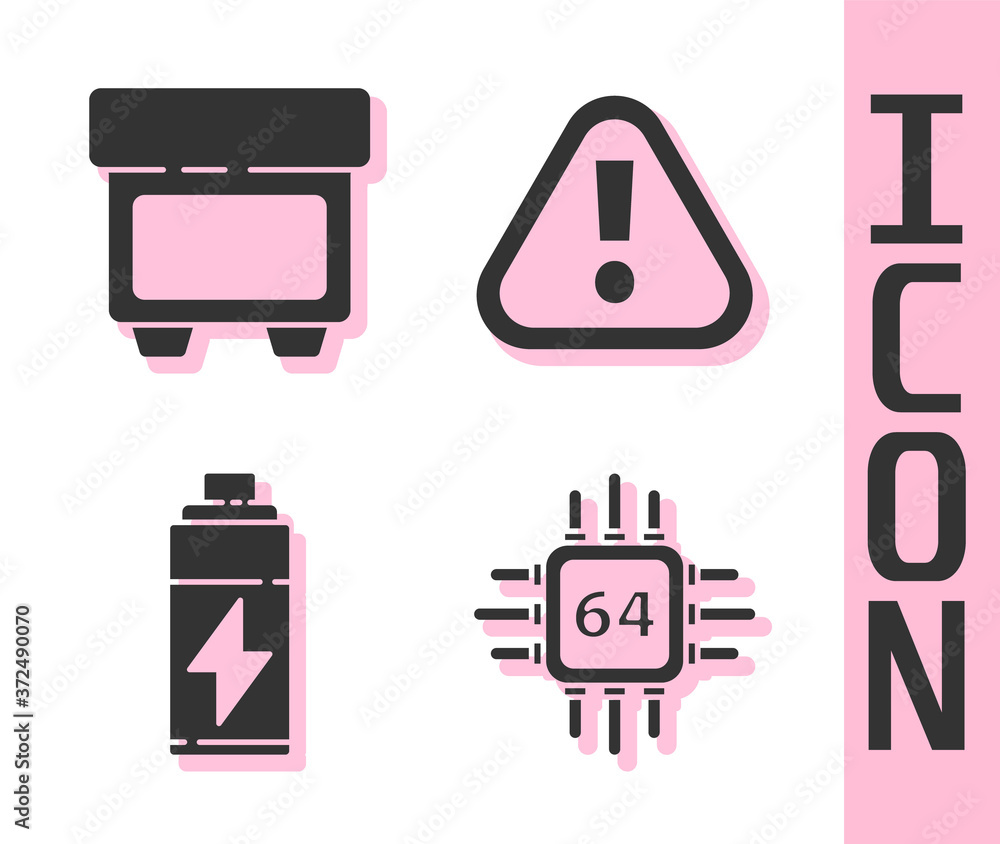 Poster set processor with microcircuits cpu, fuse, battery and exclamation mark in triangle icon. vector.