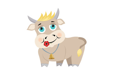 Obraz na płótnie Canvas Cute cartoon bull with flower and bell, blond with blue eyes. Childish illustration for the poster, tee shirt, pillow, home decor, apparel, banner.