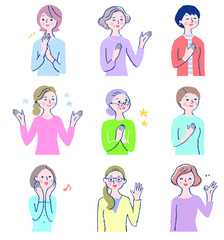 笑顔の9人の中高年女性　セット