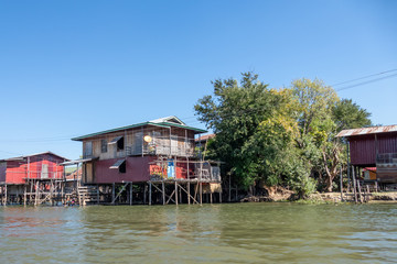 Floating village houses along Inle Lake in Burma