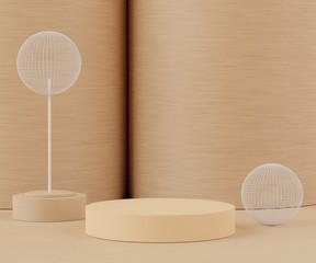 3d Abstract background of empty podium display for products and cosmetic presentation and mock up. Pastel cream colors pedestal or showcase with minimal geometry shapes. Colorful scene.