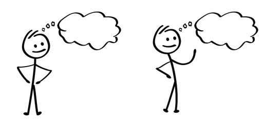 Think, speech bubble. Kids playing running, jumping Happy smile stickman emoji icons Comic walk stick figures man, woman Vector emotions sign drawing Talking cartoon person jump, walking and play