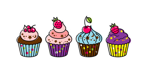 Icon cupcake with berries on a white background. Cupcake in flat style. Vector illustration.