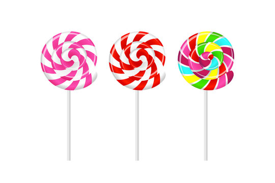 Set of realistic striped colorful lollipops on white sticks isolated on white background. Vector illustration.