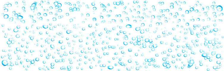Fototapeta na wymiar Blue oxygen bubbles, under water, clear liquid with bubbles flowing up on the water surface On a white background
