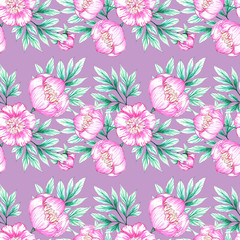 Seamless pattern of bouquets of pink peonies on a light purple background. Illustration of felt-tip pens. Design for wallpaper, background, fabric, textile, bedding.