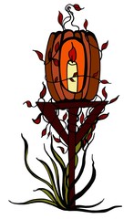 Halloween pumpkin lantern with candle and plants colored. - 372491834