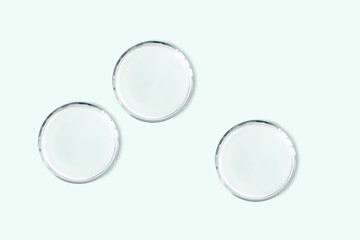 Empty Petri dishes isolated realistic vector illustration. Concept laboratory tests and research. Transparent chemistry glassware on light blue background