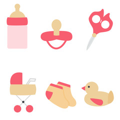 Children's accessories. Bottle, pacifier, scissors, socks, stroller. Vector. Flat drawing style.