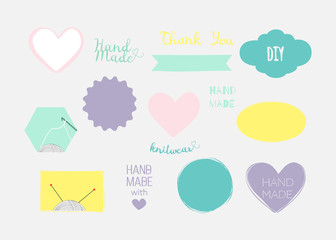 Set of hand drawn shapes in different colour. Hearts, banners, circles and ribbons etc. Hand drawn vector various design elements for labels, tags or stamps and badges.