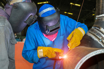 Welding training, Apprentice welder in the factory by Tig gas inert process