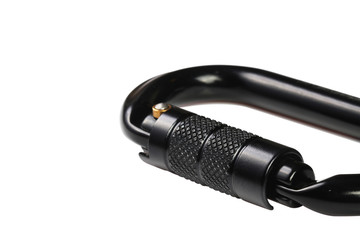 Close up of climbing carabiner isolated on white background.