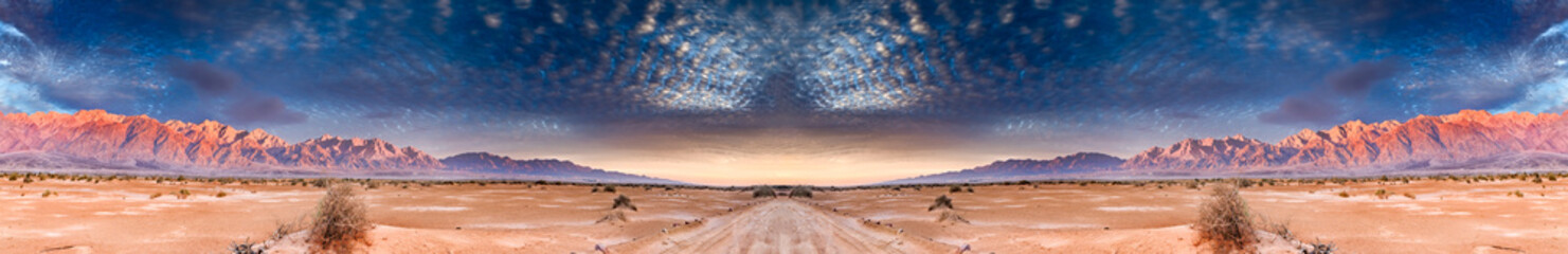 
Countryside road among Savannah valley and sand desert in the Middle East, digitally manipulated panoramic image
