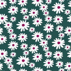 Vector seamless pattern with daisies in a green background.