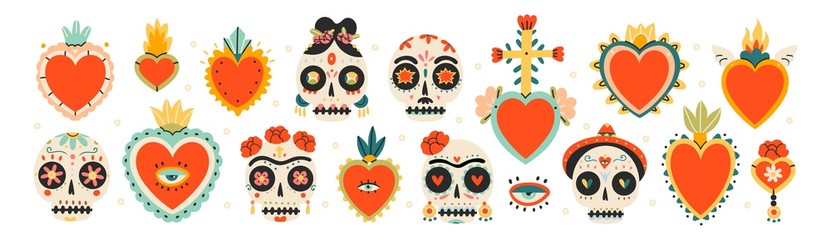 Various Sacred Hearts and sculls. Set of Traditional Mexican hearts and Sugar Sculls. Mexican Day of the Dead. Hand drawn colored trendy Vector illustrations. All elements are isolated