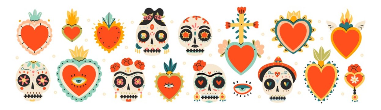 Various Sacred Hearts and sculls. Set of Traditional Mexican hearts and Sugar Sculls. Mexican Day of the Dead. Hand drawn colored trendy Vector illustrations. All elements are isolated