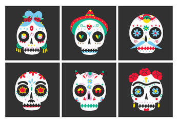 Set of six Sugar Sculls. Fancy skeleton heads. Various ornaments. Hand Drawn Vector illustration. Mexican Day of the Dead. Dia de los muertos. Halloween decoration. All elements are isolated