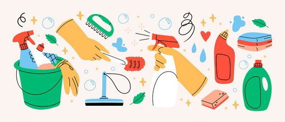 Bucket with cleaning supplies, bottles, spray, sponge, brush, gloves. Various Cleaning items. Housework concept. Hand drawn Vector illustrations. All elements are isolated © Dariia