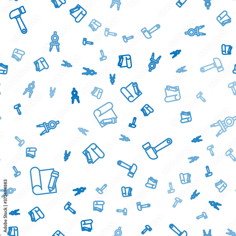 Poster set line graphing paper and pencil, hammer and drawing compass on seamless pattern. vector.