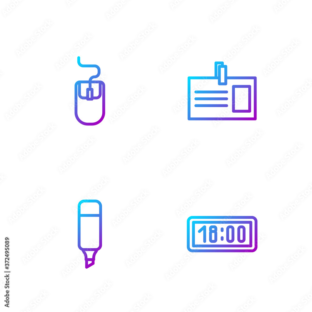 Poster set line digital alarm clock, marker pen, computer mouse and identification badge. gradient color ic