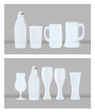 set of mockup, glasses transparent, transparent empty glasses vector illustration design