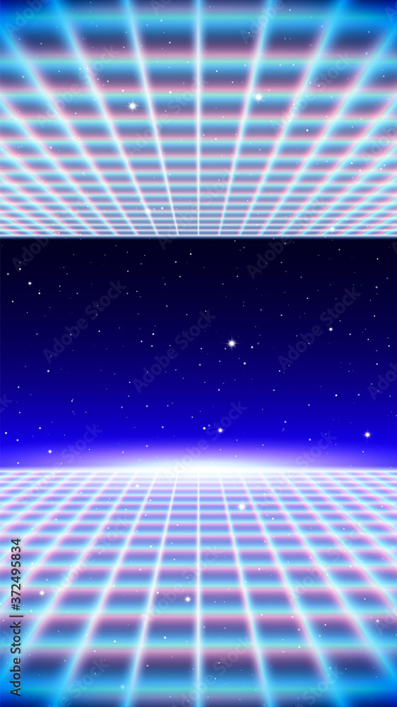 Poster retro neon background with 80s styled laser grid and stars