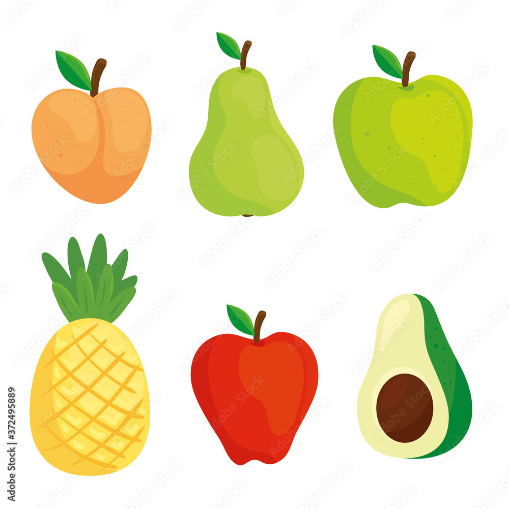 Poster set of fruits and avocado in white background vector illustration design