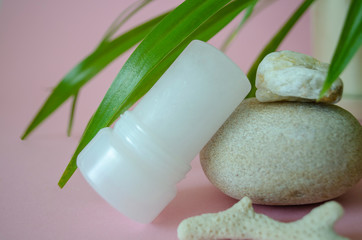 Eco natural mineral deodorant antiperspirant made of white alunite lie on a stone with plant...
